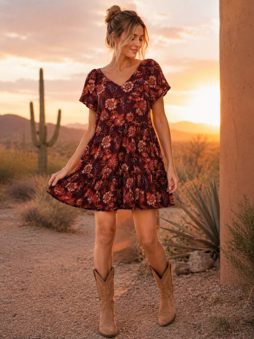 Old Navy Floral Swing Dress XL Burgundy V Neck Flutter Sleeve Cottagecore Boho